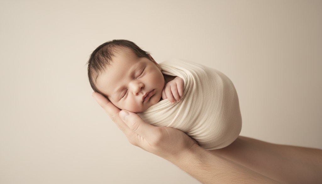 A serene Morwell studio newborn photography joy moment, featuring a baby peacefully sleeping, gently cradled in soft, natural light, evoking warmth and professional artistry.