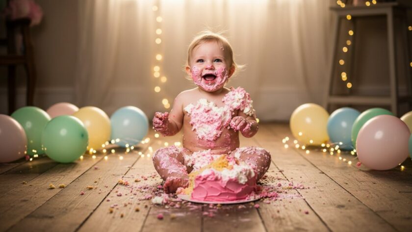 An adorable baby, covered in frosting from a morwellvictoria cake smash photography for first birthdays session, laughing joyfully amidst a pastel setup with dramatic spotlighting, capturing a perfect messy milestone moment.