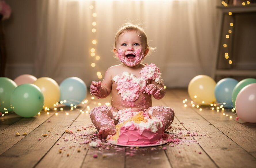 An adorable baby, covered in frosting from a morwellvictoria cake smash photography for first birthdays session, laughing joyfully amidst a pastel setup with dramatic spotlighting, capturing a perfect messy milestone moment.