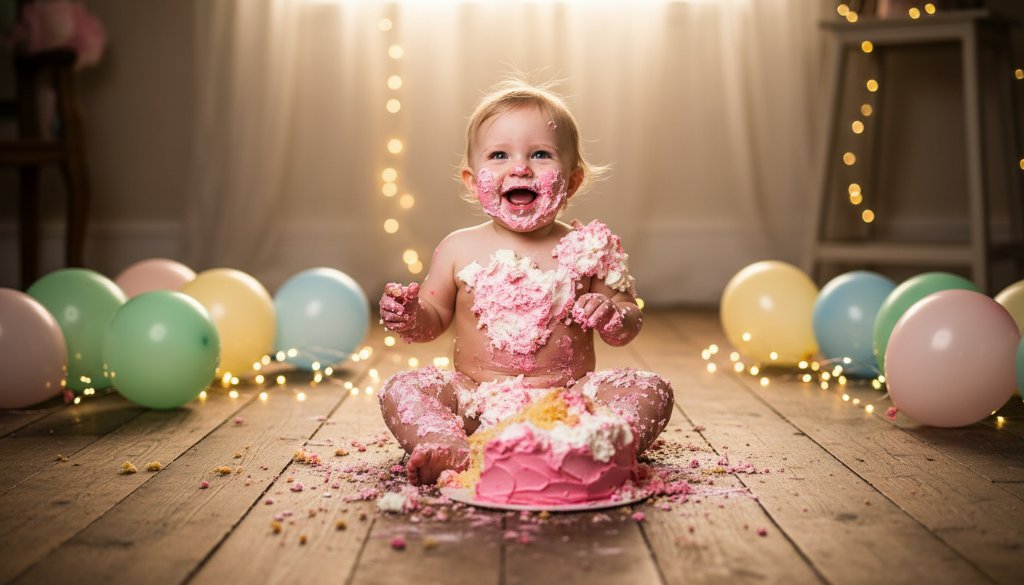 An adorable baby, covered in frosting from a morwellvictoria cake smash photography for first birthdays session, laughing joyfully amidst a pastel setup with dramatic spotlighting, capturing a perfect messy milestone moment.
