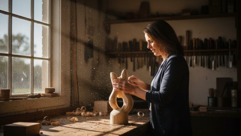 Dramatic, high-contrast image of a local Morwell artisan passionately crafting unique ceramic art in their workshop, showcasing their dedication and skill for Morwell Victoria editorial storytelling photography. Sunlight streams through a window, highlighting dust motes and the texture of their hands on the clay, conveying an epic moment of creative flow and focus.