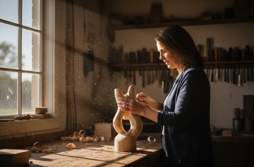 Dramatic, high-contrast image of a local Morwell artisan passionately crafting unique ceramic art in their workshop, showcasing their dedication and skill for Morwell Victoria editorial storytelling photography. Sunlight streams through a window, highlighting dust motes and the texture of their hands on the clay, conveying an epic moment of creative flow and focus.