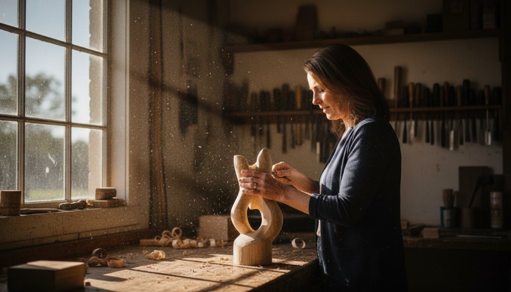 Dramatic, high-contrast image of a local Morwell artisan passionately crafting unique ceramic art in their workshop, showcasing their dedication and skill for Morwell Victoria editorial storytelling photography. Sunlight streams through a window, highlighting dust motes and the texture of their hands on the clay, conveying an epic moment of creative flow and focus.