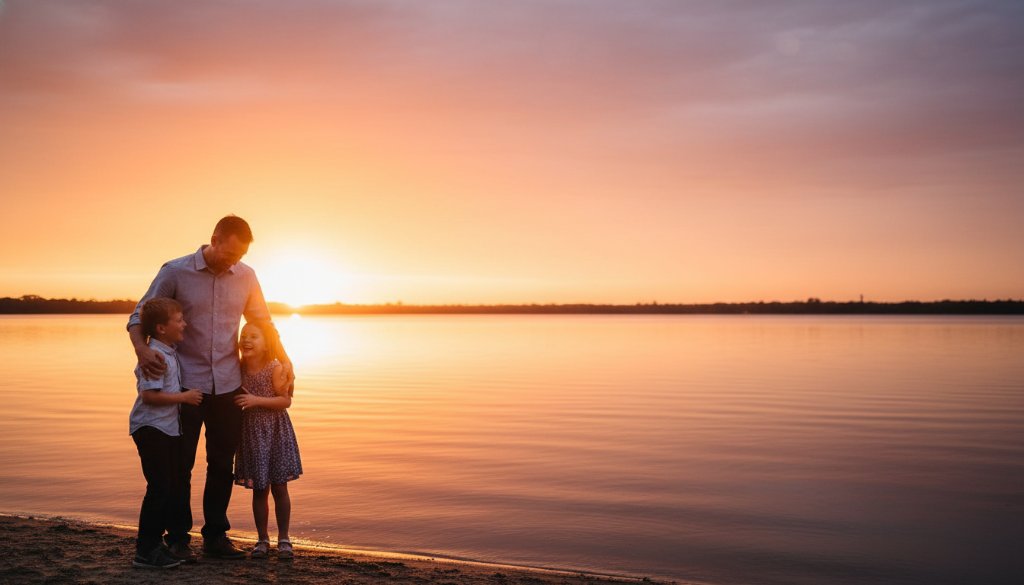 An epic moment of a joyful family embracing amidst the golden afternoon light at Lake Narracan, Morwell, perfectly capturing Morwell Victoria family photography heartfelt moments with professional warmth and genuine emotion.