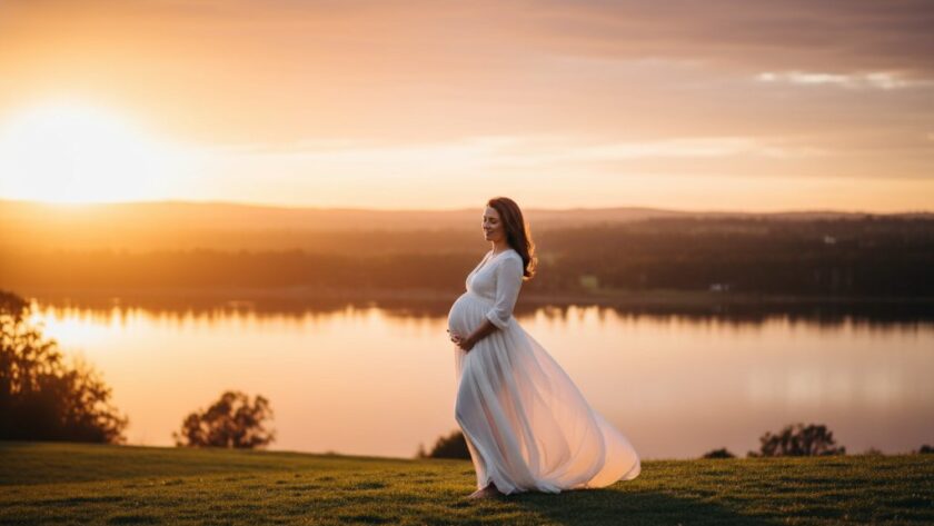 A glowing pregnant woman in a flowing gown, silhouetted against a dramatic sunset over a tranquil lake in Morwell, Victoria, during a Morwell Victoria scenic maternity photoshoot, capturing an epic and serene moment.