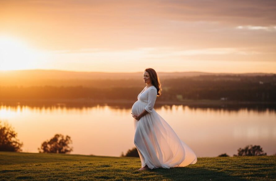 A glowing pregnant woman in a flowing gown, silhouetted against a dramatic sunset over a tranquil lake in Morwell, Victoria, during a Morwell Victoria scenic maternity photoshoot, capturing an epic and serene moment.