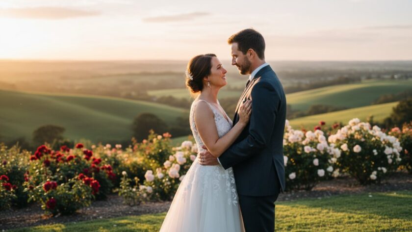 An emotional wide shot capturing Morwell Victoria wedding photography candid moments as a newlywed couple shares a tearful embrace under the dramatic golden hour light, with rolling Gippsland hills in the background, showcasing genuine love and the stunning regional landscape.