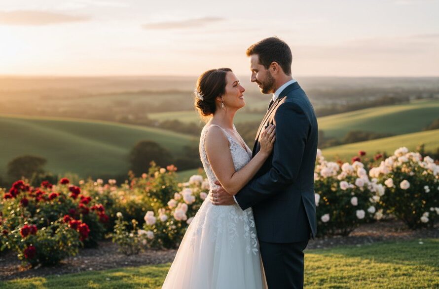 An emotional wide shot capturing Morwell Victoria wedding photography candid moments as a newlywed couple shares a tearful embrace under the dramatic golden hour light, with rolling Gippsland hills in the background, showcasing genuine love and the stunning regional landscape.