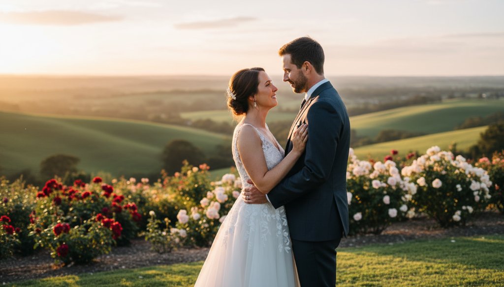 An emotional wide shot capturing Morwell Victoria wedding photography candid moments as a newlywed couple shares a tearful embrace under the dramatic golden hour light, with rolling Gippsland hills in the background, showcasing genuine love and the stunning regional landscape.