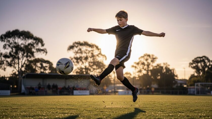 Dynamic wide-angle photograph capturing the Morwell youth soccer photography epic moments of a young athlete mid-air, scoring a goal at the Morwell Recreation Reserve under golden hour sunlight, with cheering spectators blurred in the background, showcasing intense focus and dynamic action.