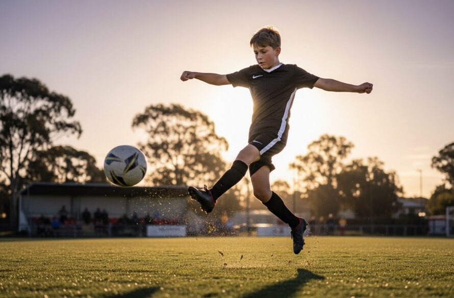 Dynamic wide-angle photograph capturing the Morwell youth soccer photography epic moments of a young athlete mid-air, scoring a goal at the Morwell Recreation Reserve under golden hour sunlight, with cheering spectators blurred in the background, showcasing intense focus and dynamic action.