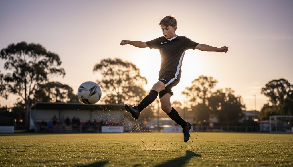 Dynamic wide-angle photograph capturing the Morwell youth soccer photography epic moments of a young athlete mid-air, scoring a goal at the Morwell Recreation Reserve under golden hour sunlight, with cheering spectators blurred in the background, showcasing intense focus and dynamic action.