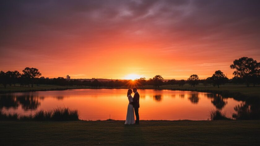 A couple shares a romantic, epic moment during Morwell's best pre-wedding photography Gippsland, silhouetted against a dramatic sunset at a local park, captured with professional lighting and colour grading.