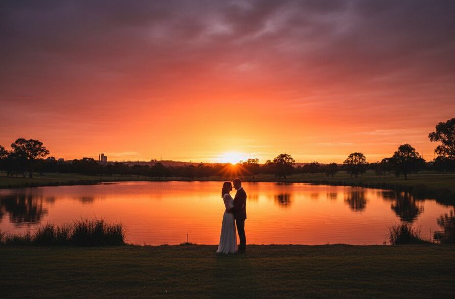 A couple shares a romantic, epic moment during Morwell's best pre-wedding photography Gippsland, silhouetted against a dramatic sunset at a local park, captured with professional lighting and colour grading.