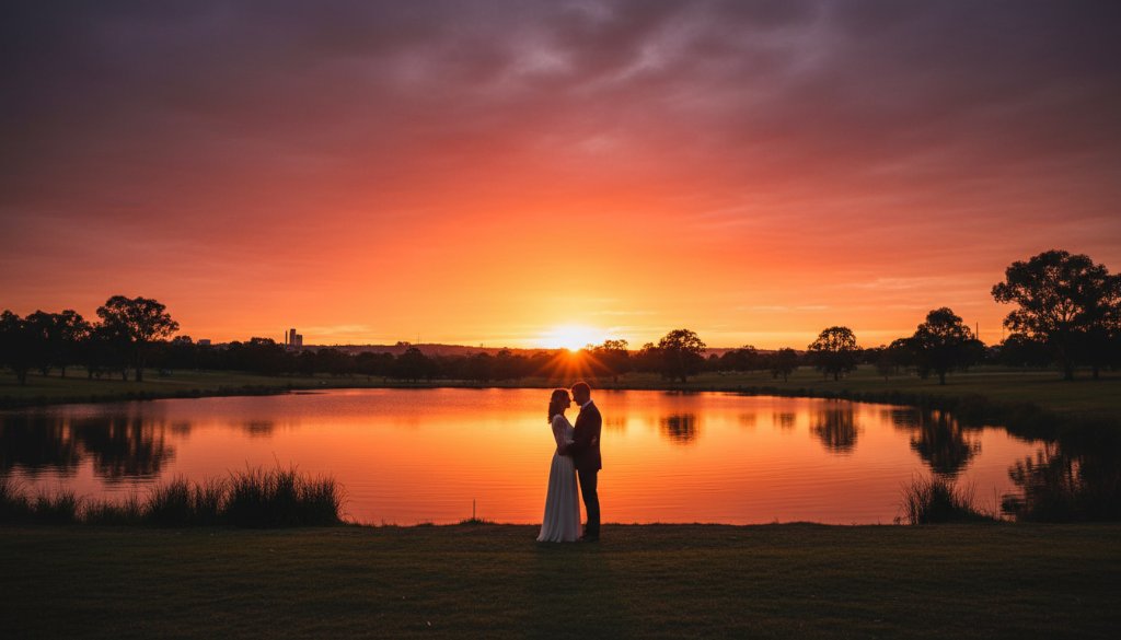 A couple shares a romantic, epic moment during Morwell's best pre-wedding photography Gippsland, silhouetted against a dramatic sunset at a local park, captured with professional lighting and colour grading.