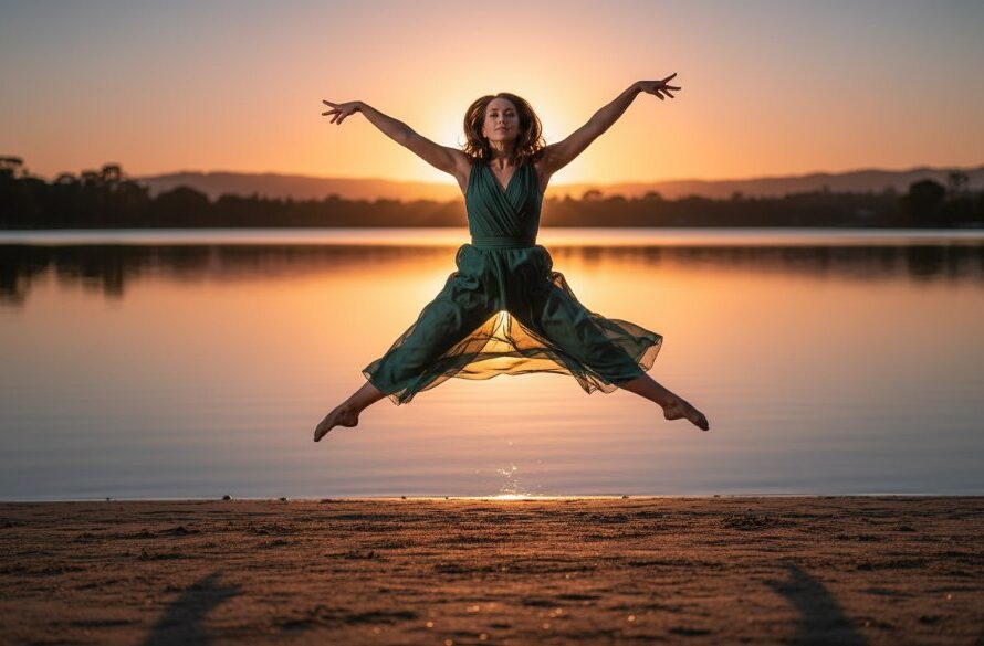 An exquisite Mount Clear dance photography emotional storytelling moment, featuring a dancer mid-leap at sunset over Lake Esmond, bathed in dramatic golden light, evoking powerful emotion and grace.