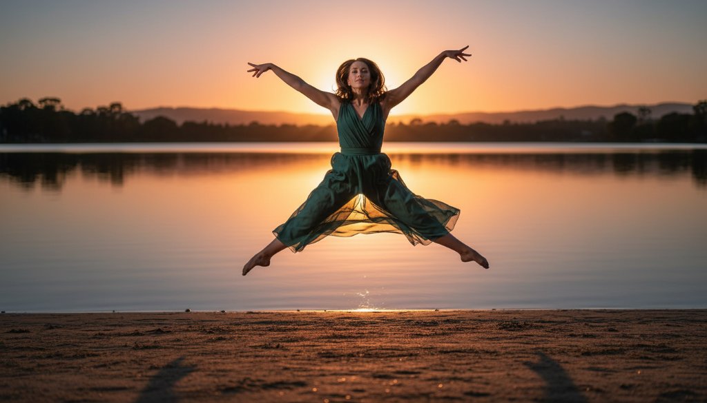 An exquisite Mount Clear dance photography emotional storytelling moment, featuring a dancer mid-leap at sunset over Lake Esmond, bathed in dramatic golden light, evoking powerful emotion and grace.