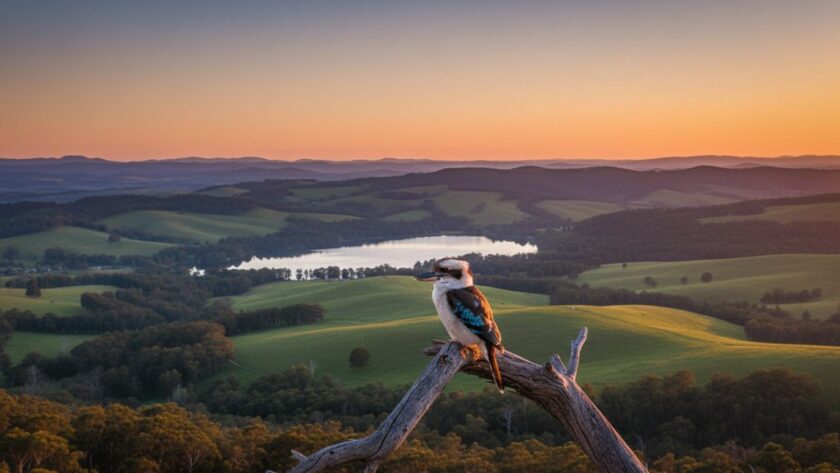 A dramatic aerial photograph captured by Mount Clear drone photography capturing stunning landscapes, showcasing a golden hour view over the lush green hills and tranquil lake of Mount Clear, Victoria, with morning mist rising, creating an epic and serene atmosphere.