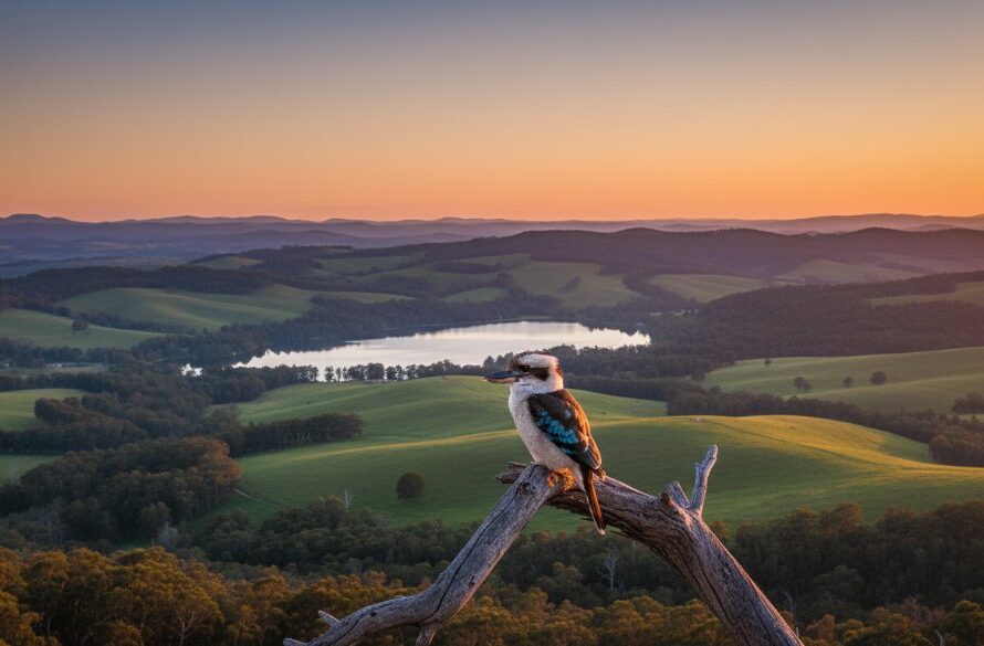 A dramatic aerial photograph captured by Mount Clear drone photography capturing stunning landscapes, showcasing a golden hour view over the lush green hills and tranquil lake of Mount Clear, Victoria, with morning mist rising, creating an epic and serene atmosphere.