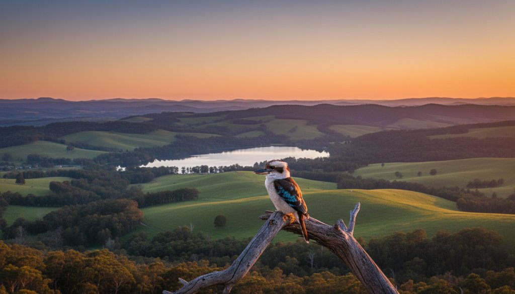 A dramatic aerial photograph captured by Mount Clear drone photography capturing stunning landscapes, showcasing a golden hour view over the lush green hills and tranquil lake of Mount Clear, Victoria, with morning mist rising, creating an epic and serene atmosphere.