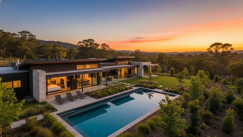 An epic, sweeping aerial view showcasing a beautifully styled modern home in Mount Clear, Victoria, at sunset, captured by Mount Clear elevated property photography specialists, with golden light illuminating the contemporary architecture and lush landscaped gardens, against a backdrop of distant rolling hills.