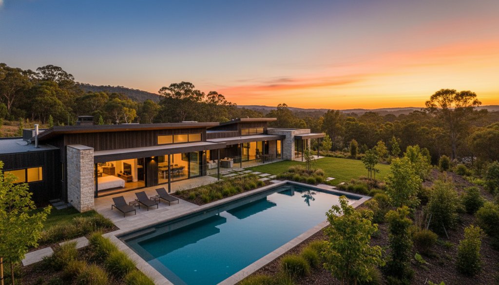 An epic, sweeping aerial view showcasing a beautifully styled modern home in Mount Clear, Victoria, at sunset, captured by Mount Clear elevated property photography specialists, with golden light illuminating the contemporary architecture and lush landscaped gardens, against a backdrop of distant rolling hills.