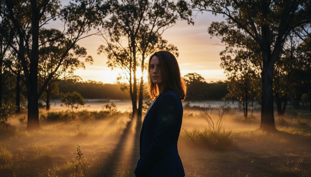 A dramatically lit, evocative fine art portrait capturing a profound emotional moment in Mount Clear, perfect for Mount Clear emotional fine art photography portraits, showcasing a subject lost in thought amidst the serene Victorian landscape.