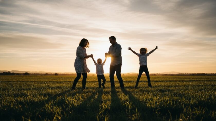 An epic moment of a joyful Australian family, parents laughing as their children run through a sun-dappled field at sunset in Mount Clear, Victoria, perfectly encapsulating Mount Clear family photography capturing genuine joy.