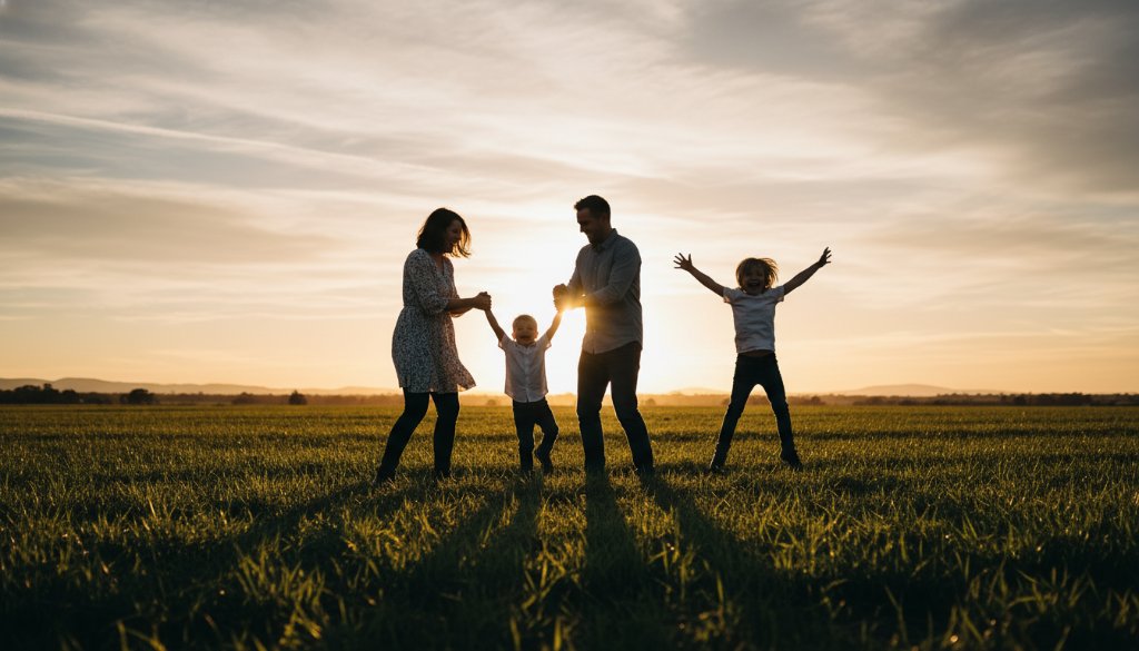 An epic moment of a joyful Australian family, parents laughing as their children run through a sun-dappled field at sunset in Mount Clear, Victoria, perfectly encapsulating Mount Clear family photography capturing genuine joy.