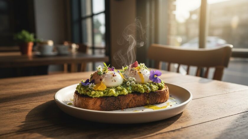 A dramatic close-up of a perfectly styled brunch dish, perhaps eggs benedict with vibrant hollandaise sauce, artfully arranged on a rustic wooden table in a sun-drenched Mount Clear cafe, highlighting the exquisite details through expert Mount Clear food photography for local cafes.