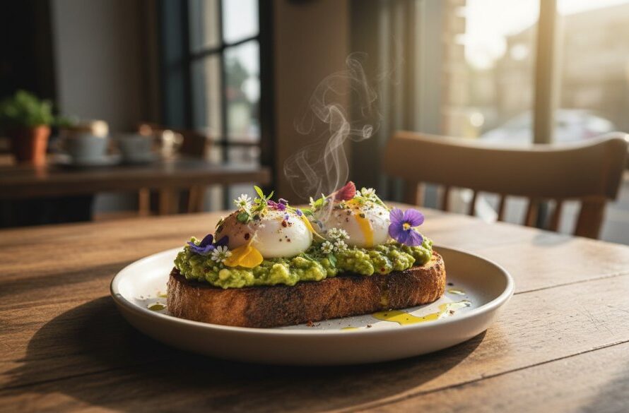 A dramatic close-up of a perfectly styled brunch dish, perhaps eggs benedict with vibrant hollandaise sauce, artfully arranged on a rustic wooden table in a sun-drenched Mount Clear cafe, highlighting the exquisite details through expert Mount Clear food photography for local cafes.