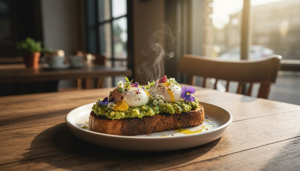 A dramatic close-up of a perfectly styled brunch dish, perhaps eggs benedict with vibrant hollandaise sauce, artfully arranged on a rustic wooden table in a sun-drenched Mount Clear cafe, highlighting the exquisite details through expert Mount Clear food photography for local cafes.