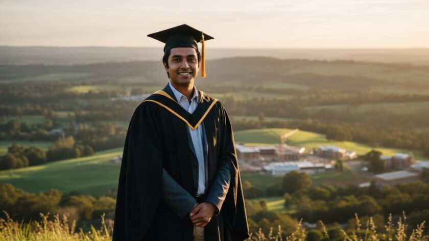 A wide-angle, cinematic photograph capturing a graduating student in their cap and gown, joyfully tossing their cap into the air against the backdrop of a golden sunset over the Mount Clear landscape, embodying Mount Clear graduation photography epic moments.
