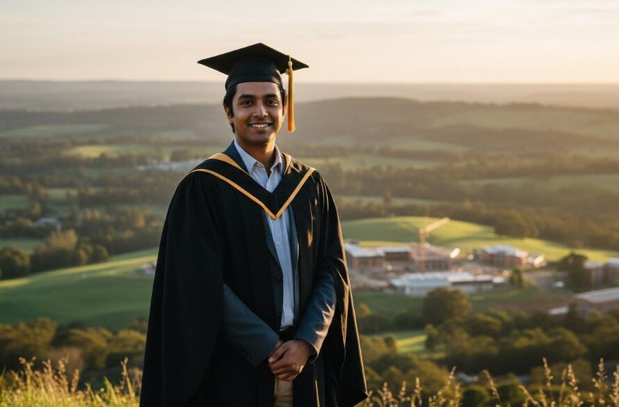 A wide-angle, cinematic photograph capturing a graduating student in their cap and gown, joyfully tossing their cap into the air against the backdrop of a golden sunset over the Mount Clear landscape, embodying Mount Clear graduation photography epic moments.