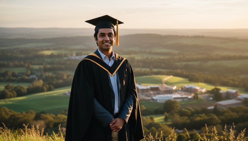 A wide-angle, cinematic photograph capturing a graduating student in their cap and gown, joyfully tossing their cap into the air against the backdrop of a golden sunset over the Mount Clear landscape, embodying Mount Clear graduation photography epic moments.