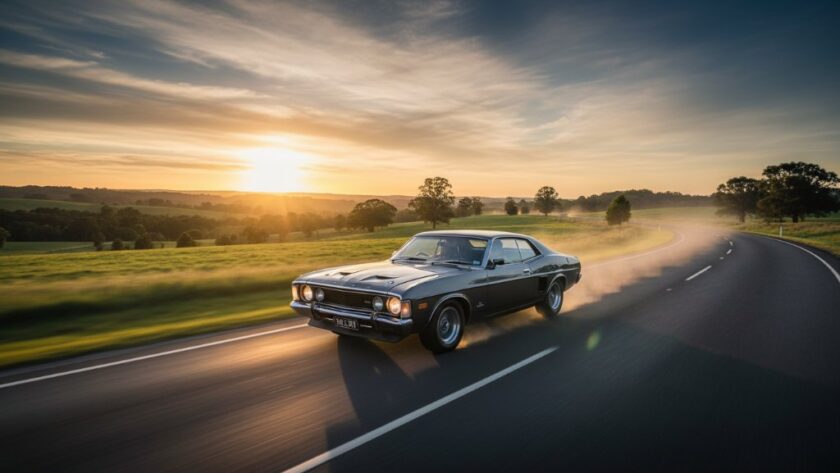 Dynamic wide shot capturing a vintage muscle car gleaming under the golden hour light on a scenic country road near Mount Clear, Victoria, a perfect example of Mount Clear iconic car photography Victoria. The car is speeding, creating a motion blur effect in the background, with the rolling hills and characteristic gum trees of regional Victoria in the background, conveying power and freedom with professional colour grading and dramatic lighting.