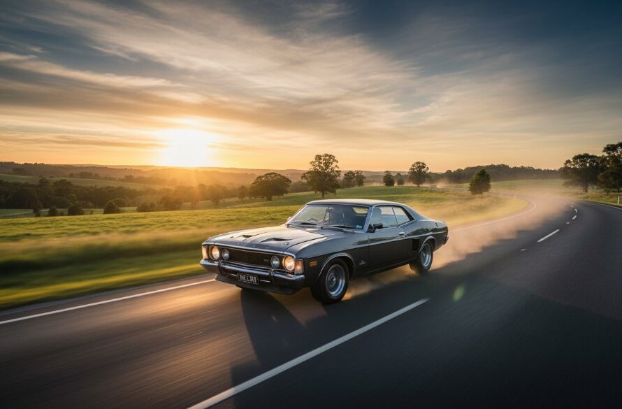Dynamic wide shot capturing a vintage muscle car gleaming under the golden hour light on a scenic country road near Mount Clear, Victoria, a perfect example of Mount Clear iconic car photography Victoria. The car is speeding, creating a motion blur effect in the background, with the rolling hills and characteristic gum trees of regional Victoria in the background, conveying power and freedom with professional colour grading and dramatic lighting.