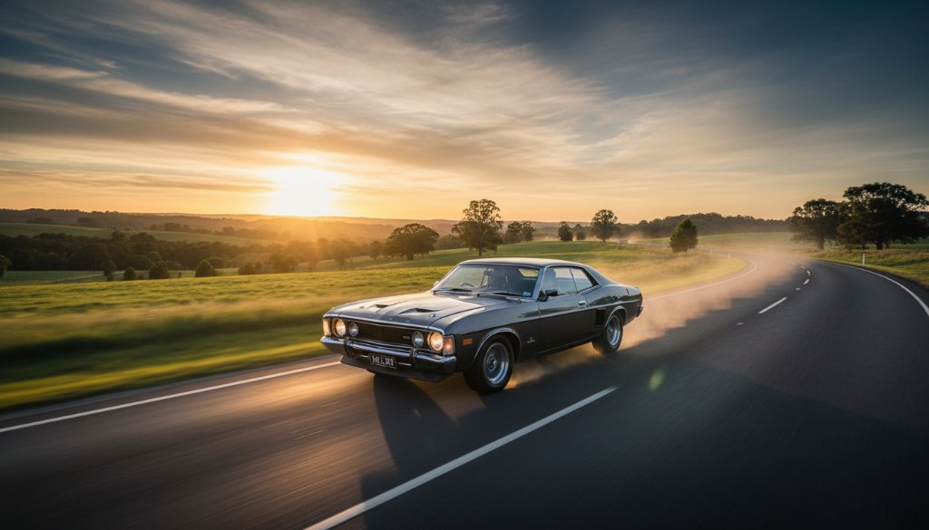 Dynamic wide shot capturing a vintage muscle car gleaming under the golden hour light on a scenic country road near Mount Clear, Victoria, a perfect example of Mount Clear iconic car photography Victoria. The car is speeding, creating a motion blur effect in the background, with the rolling hills and characteristic gum trees of regional Victoria in the background, conveying power and freedom with professional colour grading and dramatic lighting.