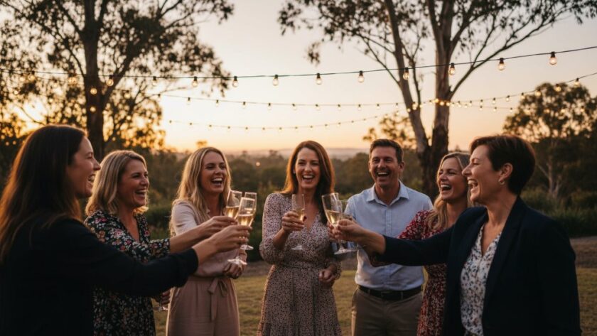 Mount Clear milestone celebration photography capturing a vibrant group of friends laughing and toasting during a golden hour outdoor party, with confetti in the air and a beautifully decorated setting, professionally colour-graded.