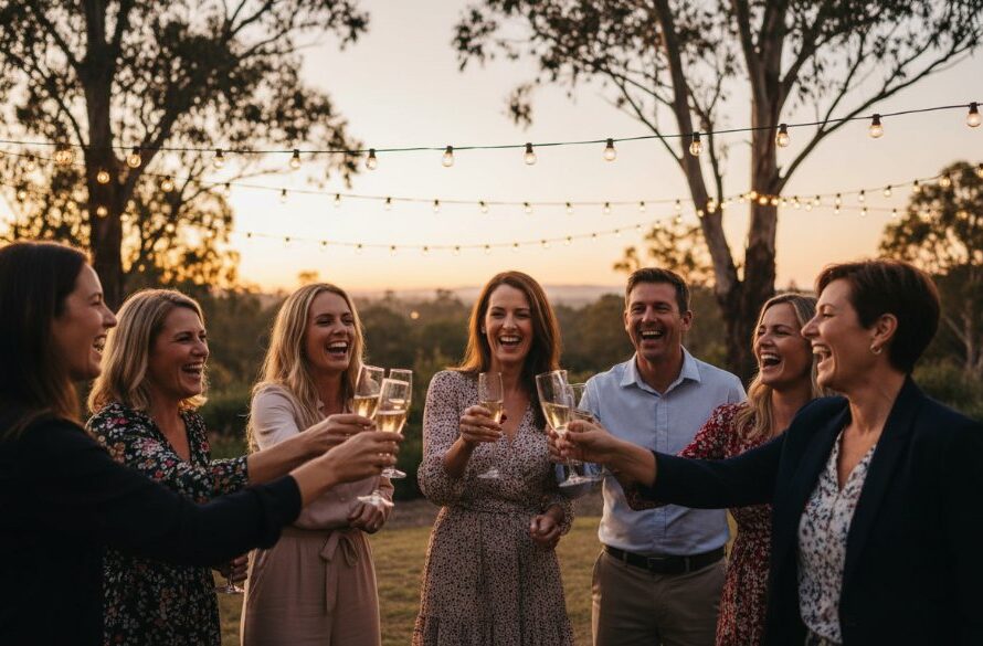 Mount Clear milestone celebration photography capturing a vibrant group of friends laughing and toasting during a golden hour outdoor party, with confetti in the air and a beautifully decorated setting, professionally colour-graded.