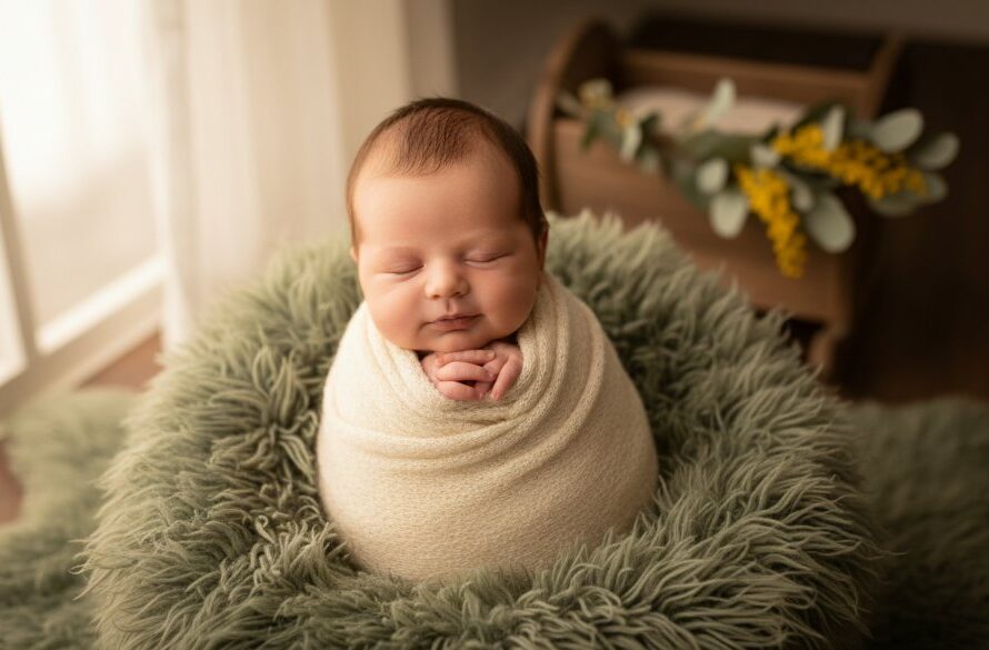 A heartwarming, cinematically lit photograph of a peacefully sleeping newborn baby wrapped in a soft, cream blanket, nestled in a wooden prop adorned with delicate native Australian flora. The Mount Clear newborn photography gentle artistry captured shows exquisite detail, soft natural light from a nearby window, and a warm, inviting colour palette, evoking a timeless, serene 'epic moment'.