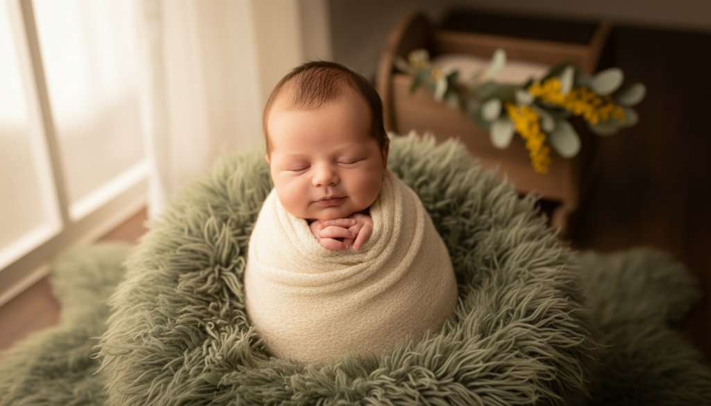 A heartwarming, cinematically lit photograph of a peacefully sleeping newborn baby wrapped in a soft, cream blanket, nestled in a wooden prop adorned with delicate native Australian flora. The Mount Clear newborn photography gentle artistry captured shows exquisite detail, soft natural light from a nearby window, and a warm, inviting colour palette, evoking a timeless, serene 'epic moment'.