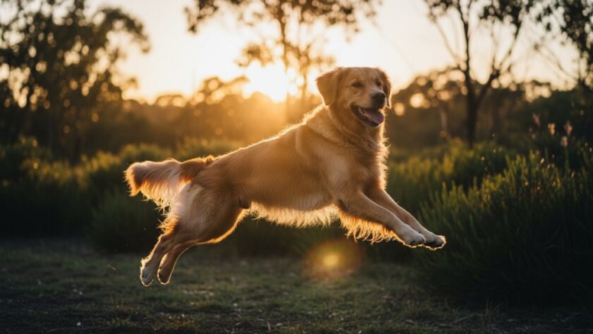 Mount Clear pet photography capturing joyful dog portraits: A golden retriever leaping gracefully through dappled sunlight in Woowookarung Regional Park, its fur glowing, pure happiness in its eyes during an epic moment of play.