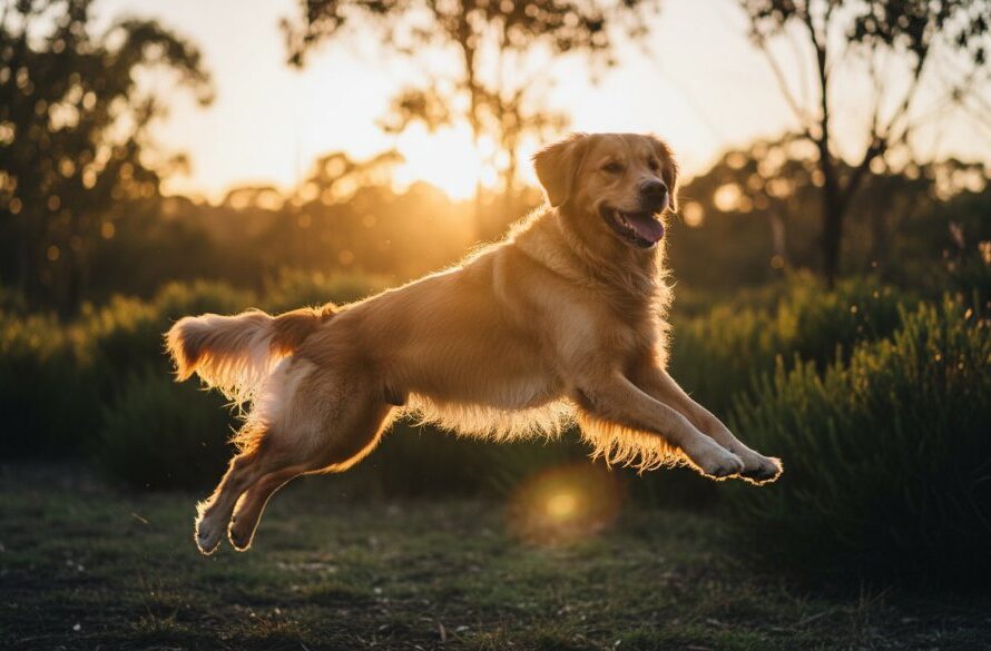 Mount Clear pet photography capturing joyful dog portraits: A golden retriever leaping gracefully through dappled sunlight in Woowookarung Regional Park, its fur glowing, pure happiness in its eyes during an epic moment of play.