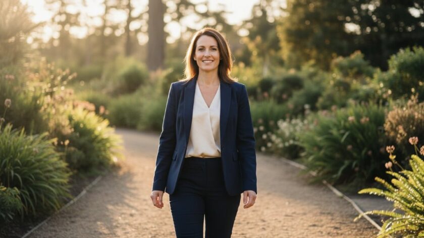 A confident male professional, mid-laugh, captured in a warm, cinematic Mount Clear professional headshots for local Ballarat careers portrait, with blurred Mount Clear Botanic Gardens greenery in the background, showcasing an authentic and approachable personality.