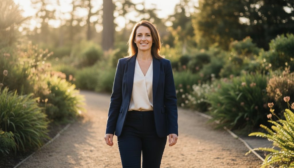 A confident male professional, mid-laugh, captured in a warm, cinematic Mount Clear professional headshots for local Ballarat careers portrait, with blurred Mount Clear Botanic Gardens greenery in the background, showcasing an authentic and approachable personality.