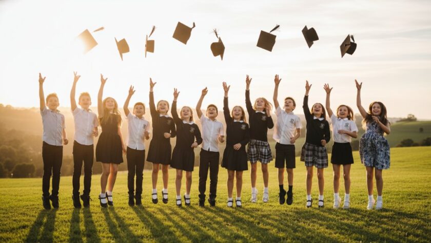 An epic moment captured in Mount Clear school photography: A group of Year 6 students, joyfully graduating, toss their academic caps into the golden afternoon light over a scenic Mount Clear landscape, their faces beaming with pride and excitement, professionally colour-graded.
