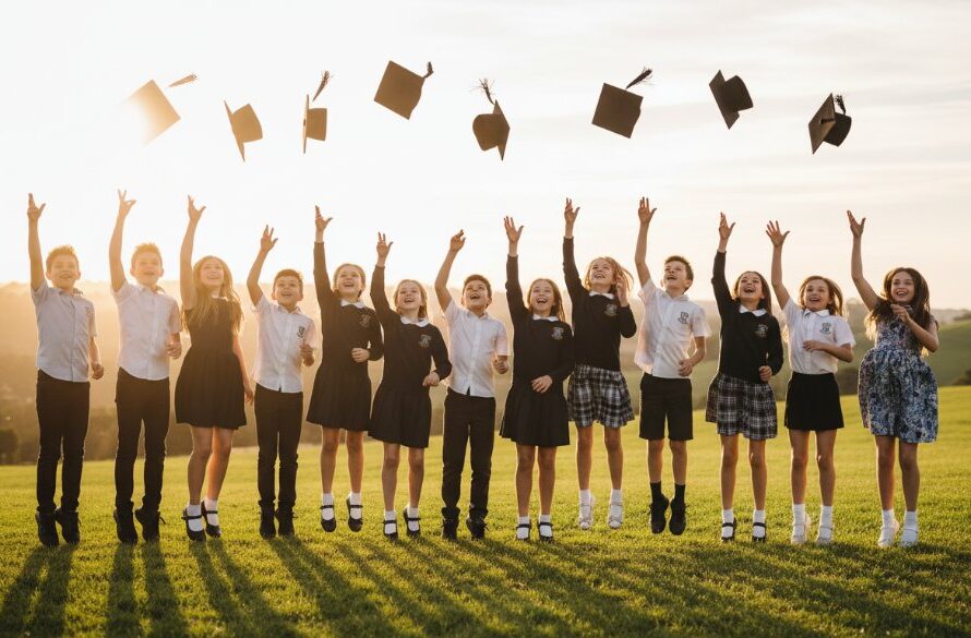 An epic moment captured in Mount Clear school photography: A group of Year 6 students, joyfully graduating, toss their academic caps into the golden afternoon light over a scenic Mount Clear landscape, their faces beaming with pride and excitement, professionally colour-graded.