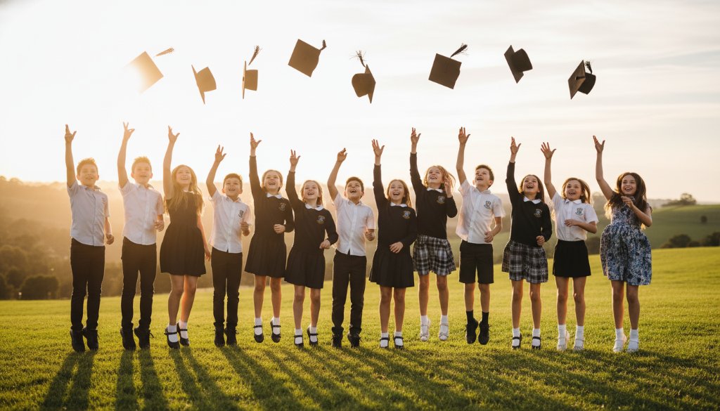 An epic moment captured in Mount Clear school photography: A group of Year 6 students, joyfully graduating, toss their academic caps into the golden afternoon light over a scenic Mount Clear landscape, their faces beaming with pride and excitement, professionally colour-graded.