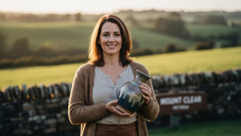 An inspiring 'Mount Clear Victoria advertising photography for local brands' shot, featuring a local artisan proudly presenting their handcrafted product at sunset, with the iconic Federation University clock tower subtly in the background, capturing a moment of entrepreneurial pride and local spirit.